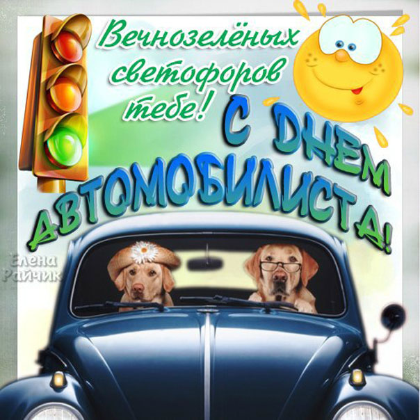 Смешная картинка машиной, собаками и светофором на День Автомобилиста